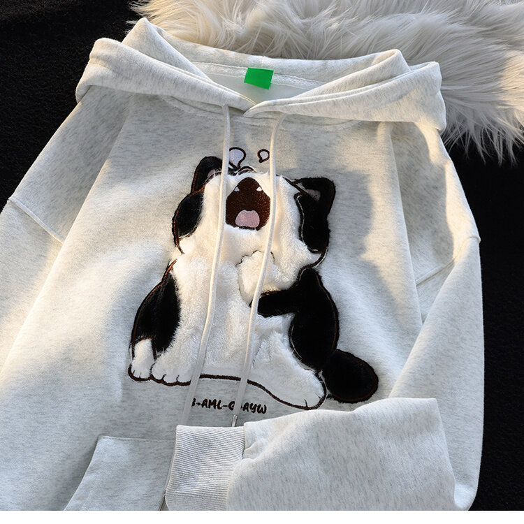 Sweter uroczy pluszowy pies haft odzież na co dzień moda damska jesień i zima nowy pulower z kapturem w stylu college'u