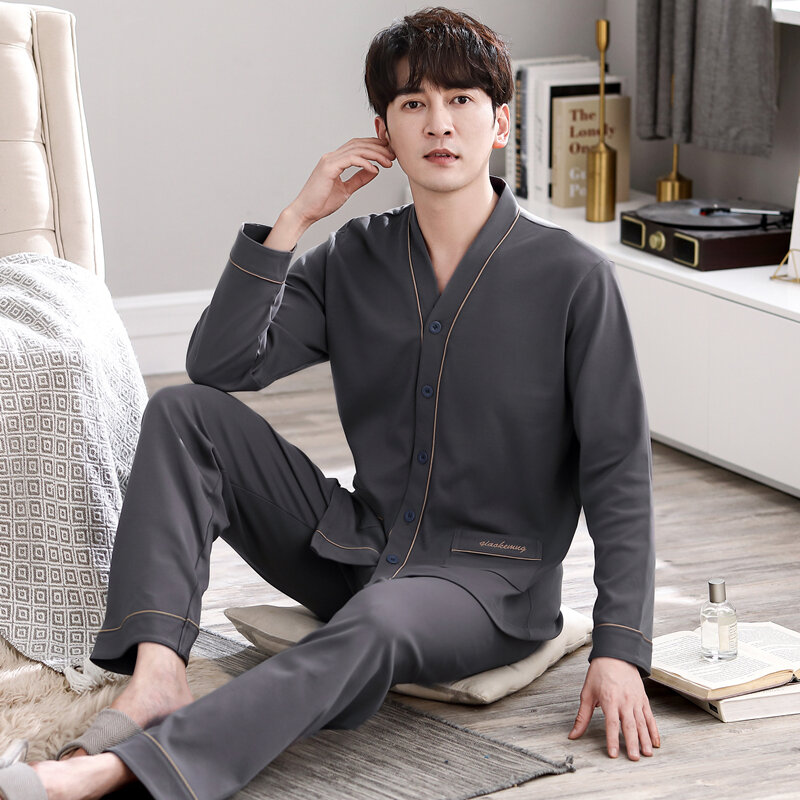 New Men Pajama Set V-Neck Cardigan Kimono Sleepwear For Man Shirt Long Sleeve Pyjama Male Fashion Soft Home Nightwear Loungewear
