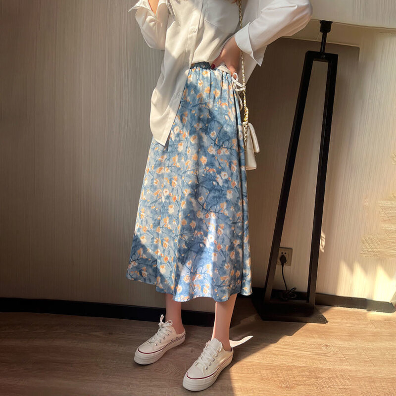 2022 Ölgemälde Floral Lange Chiffon Kleid Sommer Neue Koreanische Mode Lose Große Saum A-line Kleid frauen Elegante Kleidung