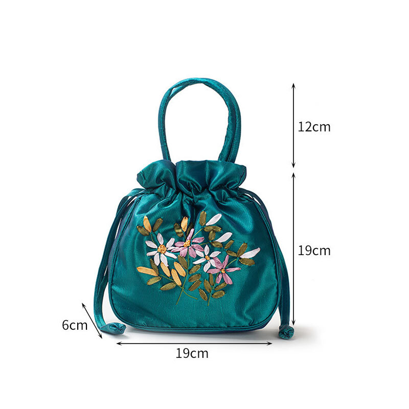 Women Bucket Bag Top Handle Ladies Handbag Phone Bag Summer Small Purse National Style Embroidered Flower Pattern Drawstring Bag