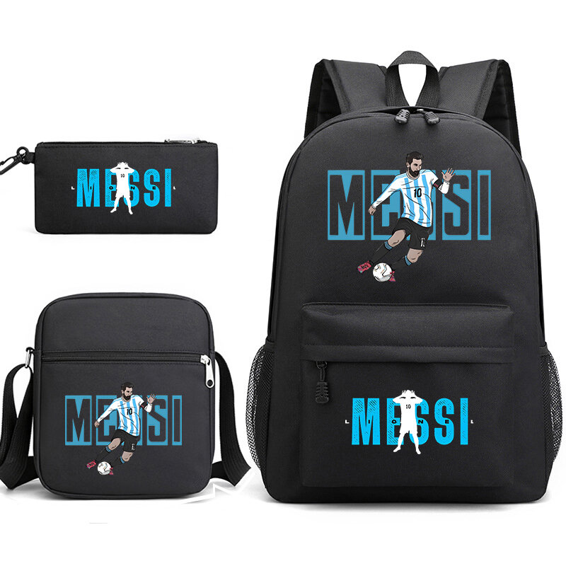 Messi-Conjunto de bolsa escolar para estudiantes, mochila juvenil, bolso de hombro, estuche para lápices, modelo negro, adecuado para niños y niñas, 3 piezas