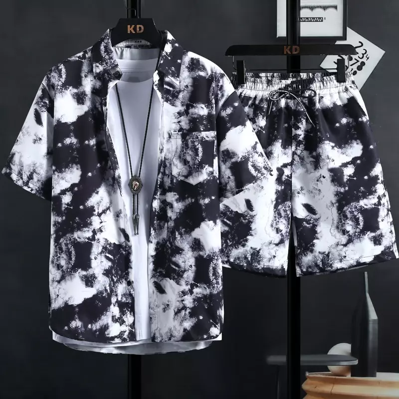 M-3XL เซ็ตพิมพ์ลายเสื้อสำหรับผู้ชาย, กางเกงขาสั้นเทรนด์แฟชั่นคุณภาพสูง Baju atasan Bunga ลำลองสไตล์ฮาวาย