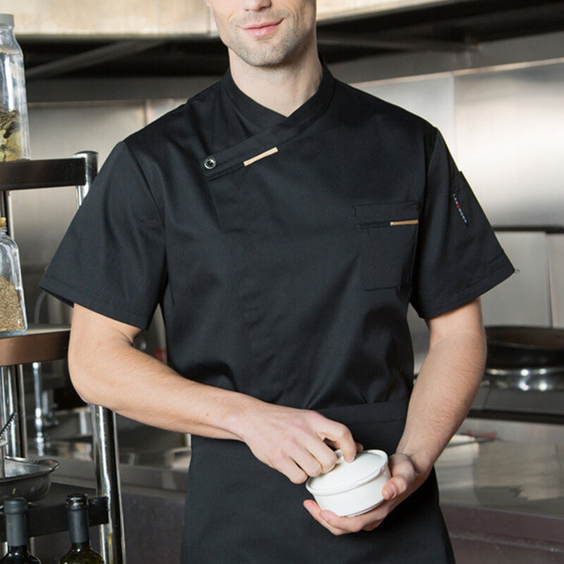 Uniforme da cuoco Unisex cucina Hotel Cafe Cook abiti da lavoro camicia traspirante a maniche corte giacca da cuoco doppiopetto top per uomo