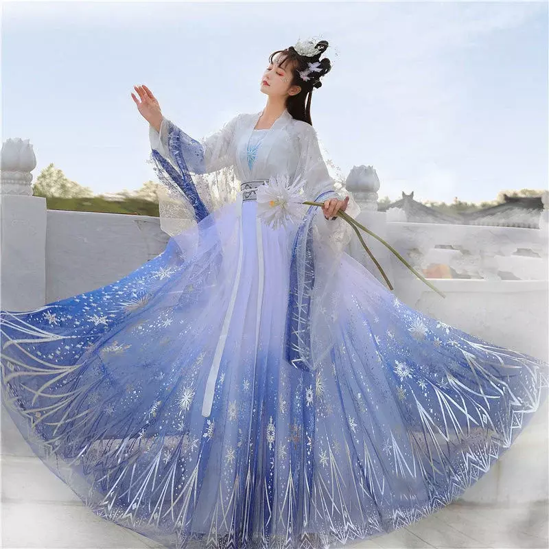 Vestido tradicional chinês hanfu para mulheres, vestido gradiente cintilante de lantejoulas estrela do carnaval, vestido formal de baile, presente de aniversário e Natal 2024