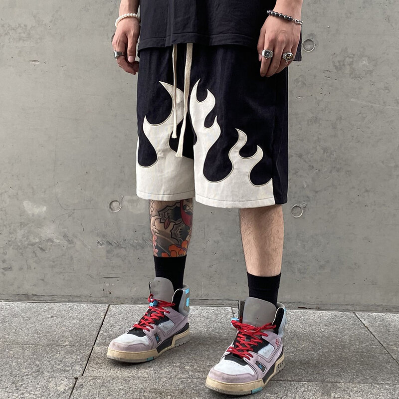 American-style Flame Casual Shorts Men's Summer Trendy Brand High Street Nicho Loose Sports Calças de cinco pontos