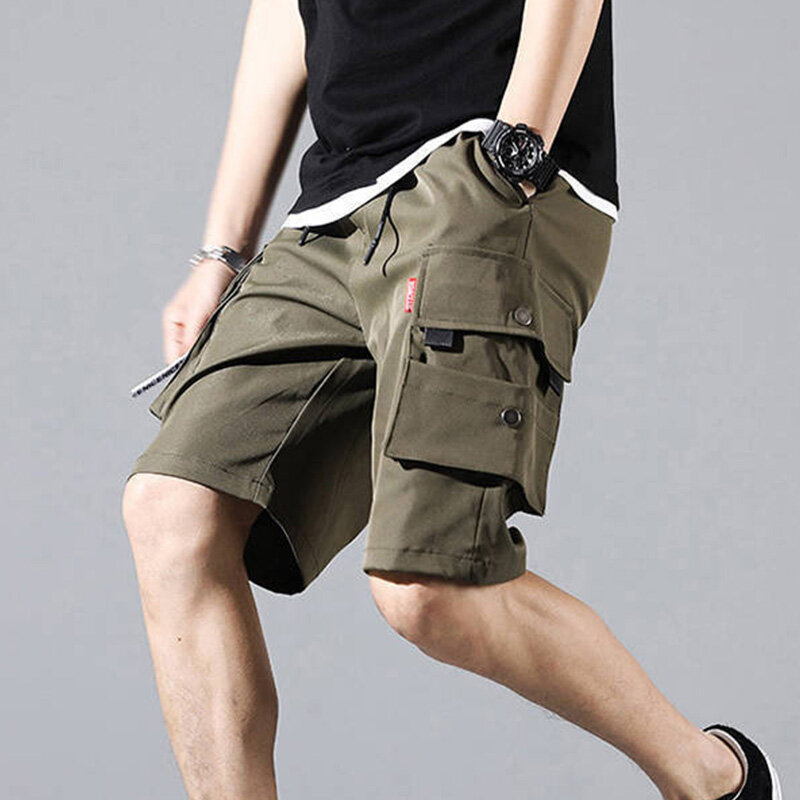 1pc Men Polyester Quarter Pants Sports Cargo Shorts Trendy Casual Outer Multi-pocket Lanyard Wear Loose Thin High Waist Summer