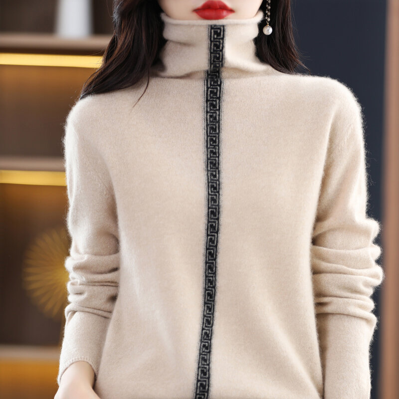 Sweter Wanita Musim Gugur Musim Dingin Baru 2022 Pullover Leher Tinggi Serbaguna Lengan Panjang Longgar 100% Wol Murni Pakaian Rajut Atasan Fashion Korea