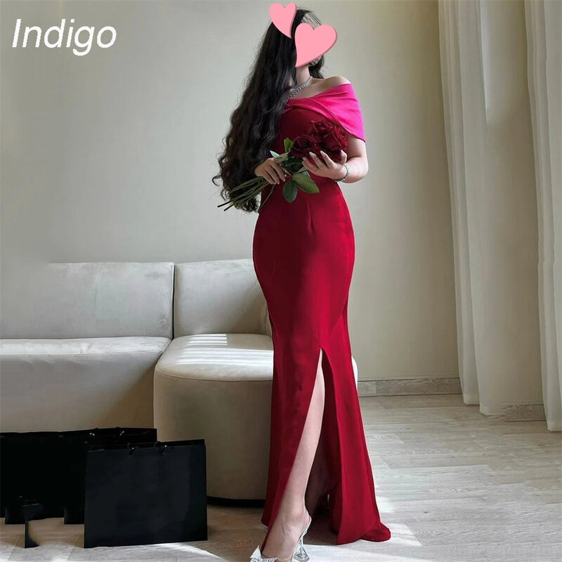 Платье для выпускного вечера цвета индиго, 2024, вечернее атласное платье с открытыми плечами, плиссированное, с разрезом, без бретелек, в пол, для женщин