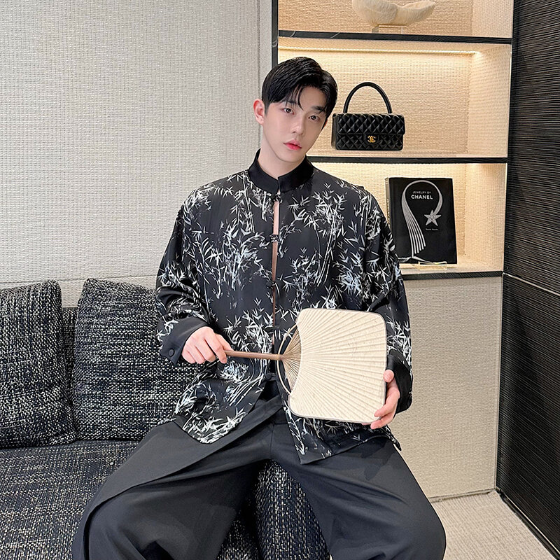 Новая китайская рубашка NOYMEI с принтом бамбуковых листьев, воротник-стойка, куртка, нишевой дизайн 2024, весенний Мужской Топ с длинным рукавом, WA4480
