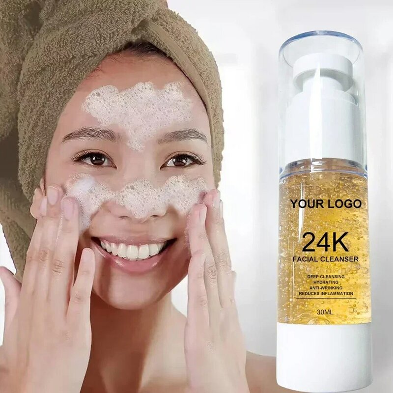 30ml Private Label 24K Gold Facial Cleanser Custom Bulk Deep Cleanser Stock Mild Non-irritating Rich Foam Smooth The Skin Makeup