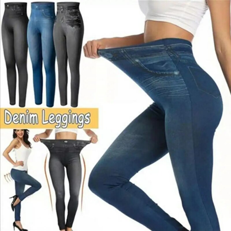 Leggings de mezclilla de imitación para mujer, pantalones de cintura alta sin costuras, ajustados, elásticos, hasta el tobillo, Color sólido