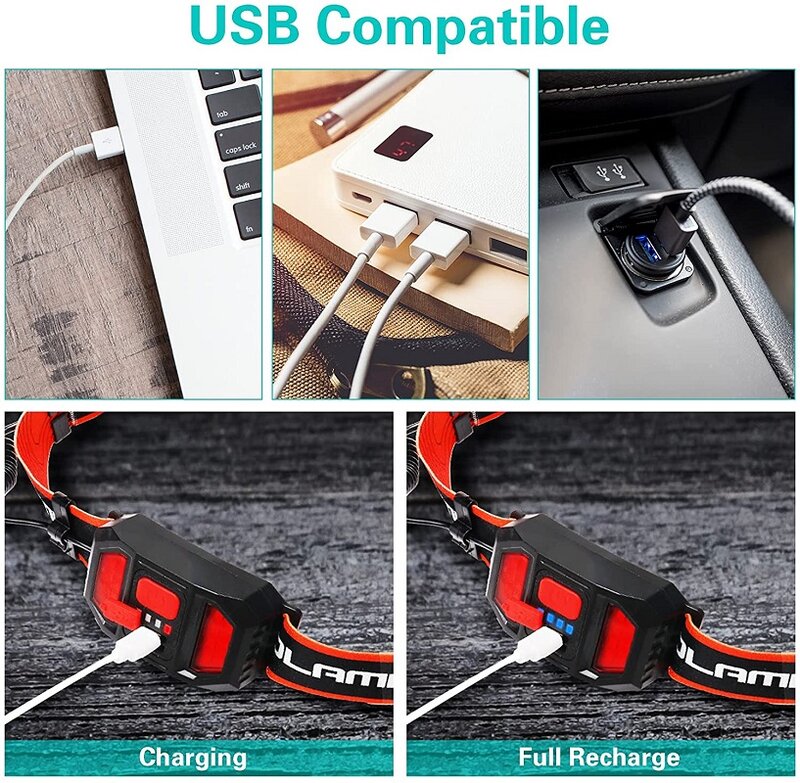 COBLEDヘッドランプ,USB充電式,防水,3つの照明モード,210度の広い範囲,バッテリー付き