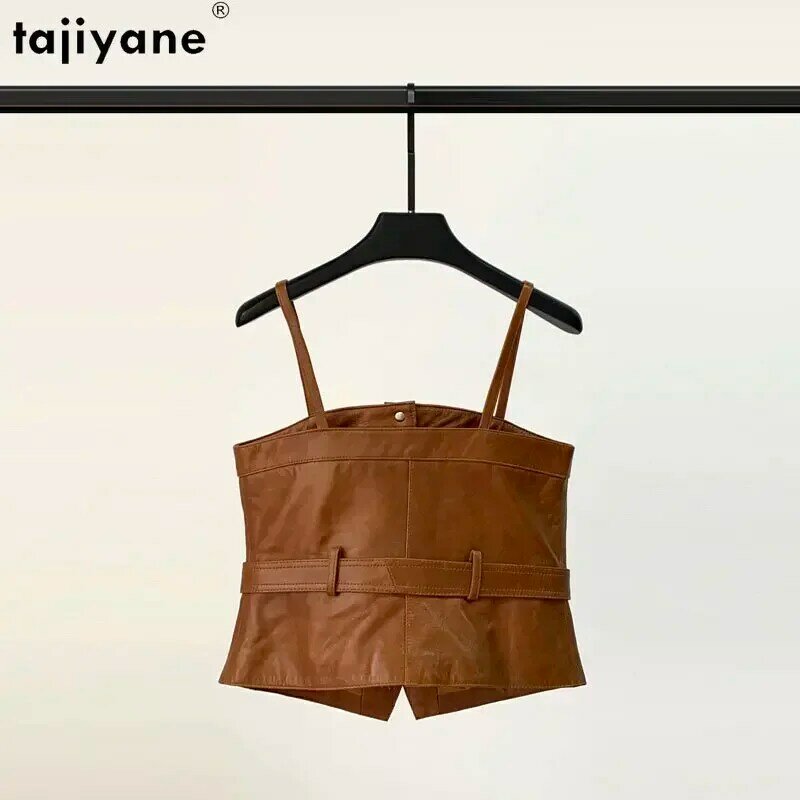 Tajiyane-سترة من الجلد الأصلي للنساء ، جاكيتات جلدية قصيرة ، توب جلدي ، جاكيت بلا أكمام ، معطف بحزام ، من Tajiyane