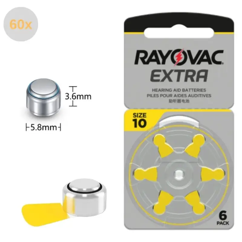 RAYOVAC-Batería de Zinc de 60 piezas EXTRA para audífono, A10, 10A, 10, PR70, A10
