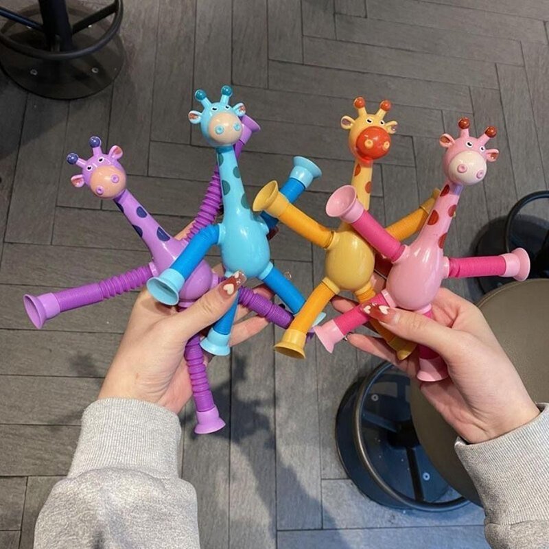 흡입 컵 기린 재미있는 텔레스코픽 스트레치 피젯 장난감, 스트레스 해소 퍼즐, 동물 까다로운 장난감, 가족 농담, 어린이 선물, 4 개
