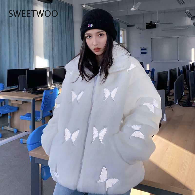2022 Winter Faux Fur Coat Women's Plush Reflective Butterfly Imitation Coat Hip-Hop Casual Loose Coat Women's Thick Top