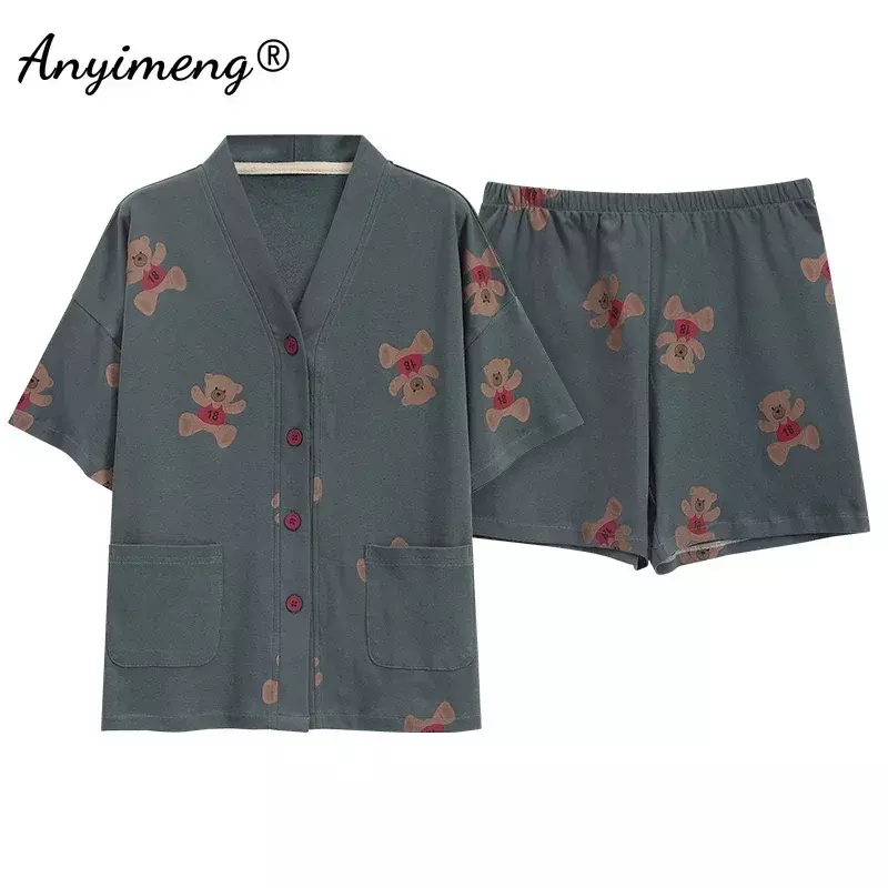 5XL Verão Plus Size Quimono Cardigan Mulheres Pijama De Malha De Algodão Pijamas Bonito Impressão Pijamas Lazer Loungewear Casual Pjs