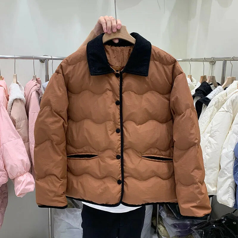 Autumn And Winter New Down Jacket Women's Short Down Warm Coat Lapel Stitching Small Fragrance Loose Solid Color  Outerwear
