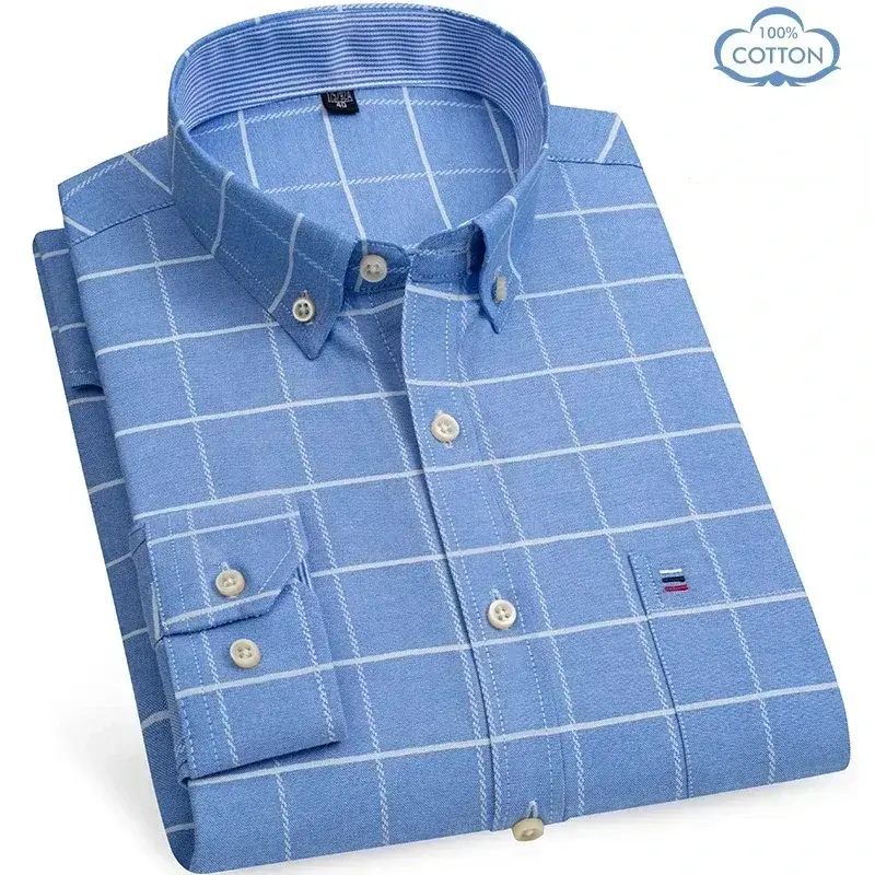 2024 Oxford Herren Mode Baumwolle dünn Langarm lässig schlank einfarbig Plaid Print Streifen formelles Hemd plus 7xl 6xl