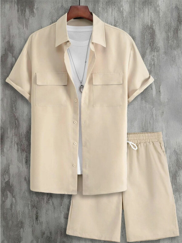 Conjunto de camisa grande e shorts masculino, gola lapela, camisa de bolso e cordão, roupa casual de verão, 2 peças