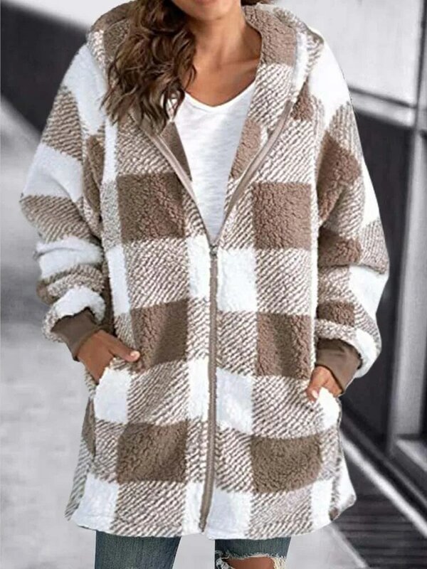Осенне-зимнее клетчатое пальто из искусственного меха, женское плюшевое пальто, куртки с капюшоном, Женская плюшевая куртка с плюшевым мишкой