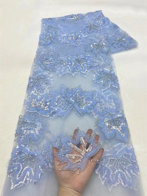 قماش دانتيل أفريقي مطرز باللؤلؤ الأزرق ، ترتر ثلاثي الأبعاد ، تطريز شبكي ، فستان زفاف فاخر ، فستان سهرة ، جودة عالية