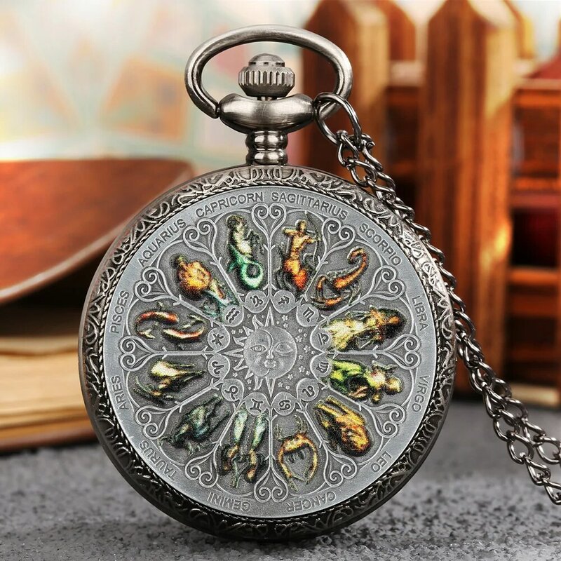 星座シリーズお土産コイン柄クォーツのネックレス懐中時計ヴィンテージグレー黒チェーンペンダントポケット時計