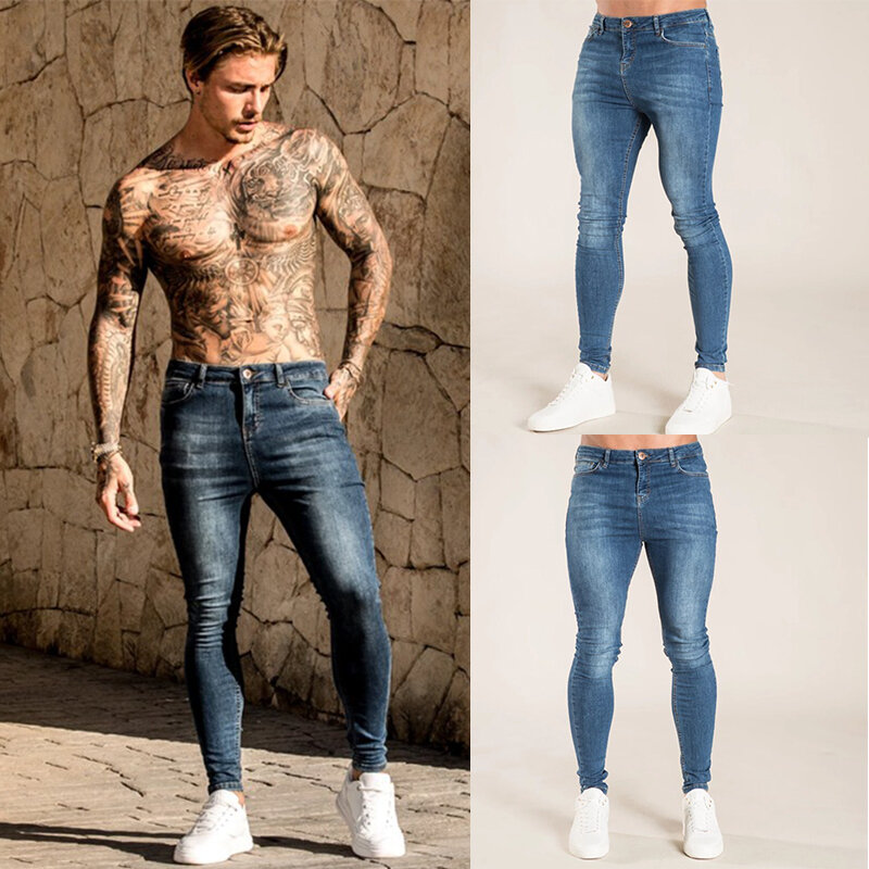 High-End Streetwear Stretch Jeans Masculino, Casual, Monocromático, Slim Fit, Skinny, Moda, Esportes, Corrida, Harajuku, Novo