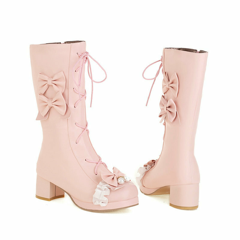 Plus Size 30-46 Girls Boots Sweet Bow Mid Boots High Heel Women's Boots Pink Lolita Platform Knight Boots Girls Party Shoes
