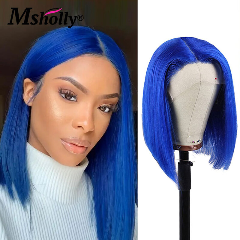 Wig Bob Biru Laut rambut manusia Wig Naturai prepked Brasil Wig garis rambut 100% rambut manusia lurus warna biru renda depan