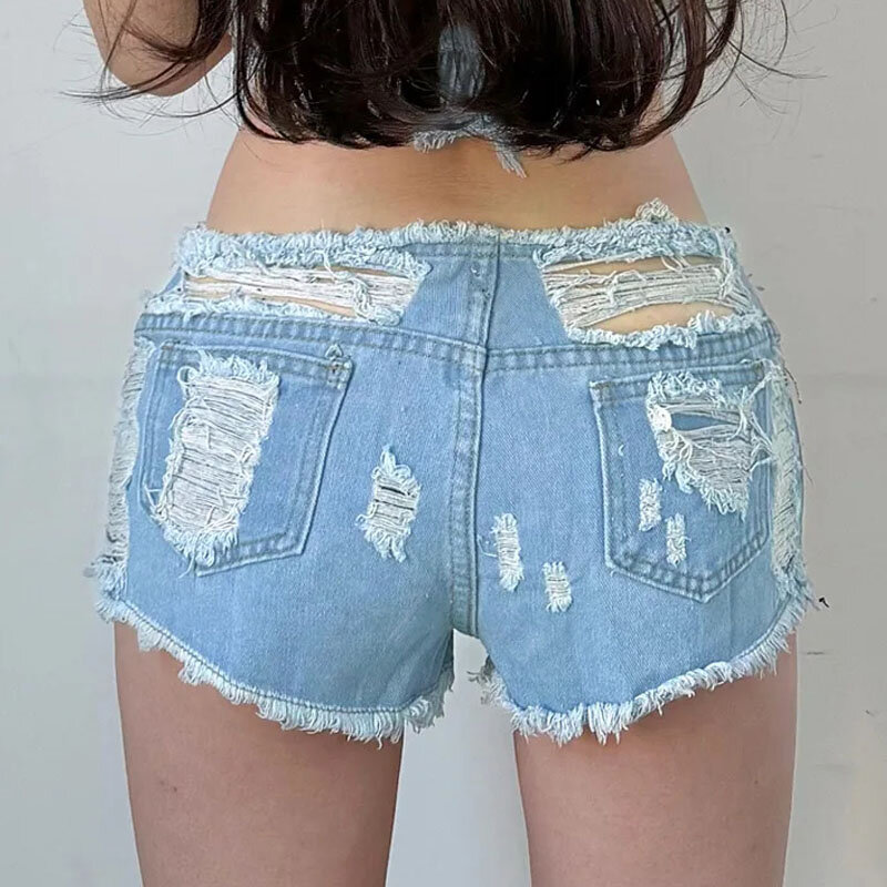 Low Waist Sexy Women Shorts 2024 Summer Fashion Denim Cotton Splicing Holes Ladies Skinny Elastic DJ Nightclub Super Short Jeans