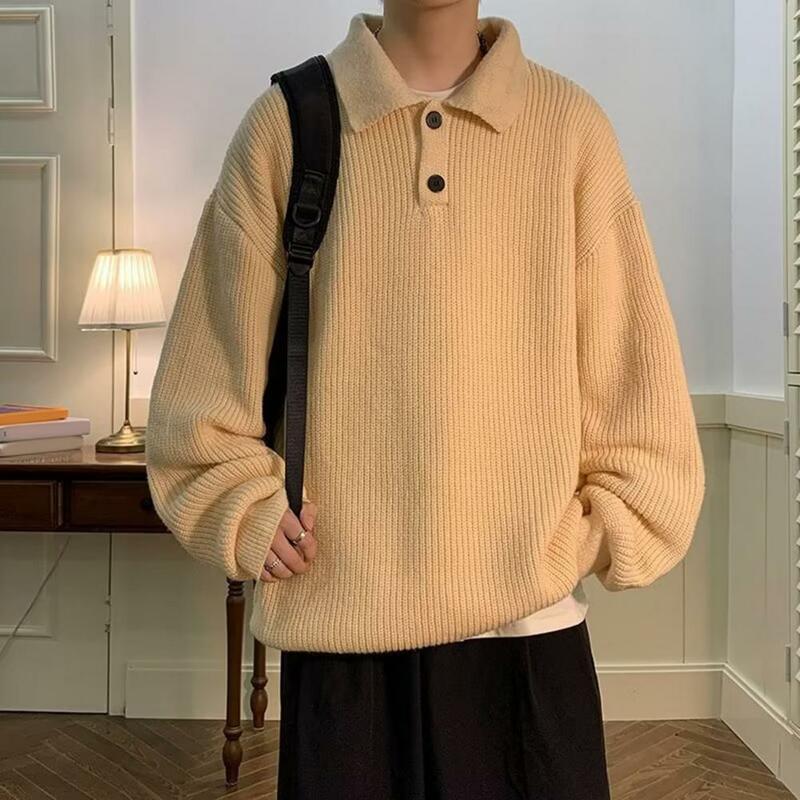 Men Loose Fit Sweater Cozy Men Sweater Men's Loose Fit Sweater with Lapel Buttons Long Sleeve Knitwear for Autumn Winter Solid