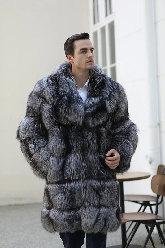 Chaqueta de piel de zorro plateada gruesa de lujo para hombre, chaqueta de talla personalizada de alta calidad
