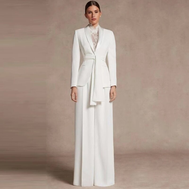 Conjunto de traje de 2 piezas de algodón blanco para mujer, chal de botonadura única, solapa con cinturón, pantalones de cintura alta, diseñador, dama de honor, cóctel, fiesta de graduación