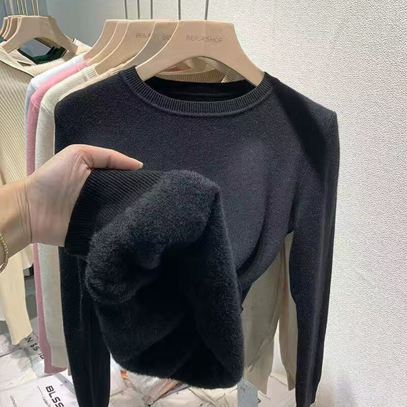 Plus Velvet Thicken Warm Chic Sweaters for Women's Winter O-neck Slim Knitted Tops Casual Plush Fleece Soft Elegant Clothes