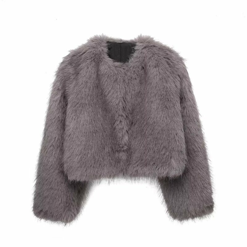 Women New Fashion Artificial fur effect Cropped Open Jacket Coat Vintage Long Sleeve Pockets Female Outerwear Chic Overshirt