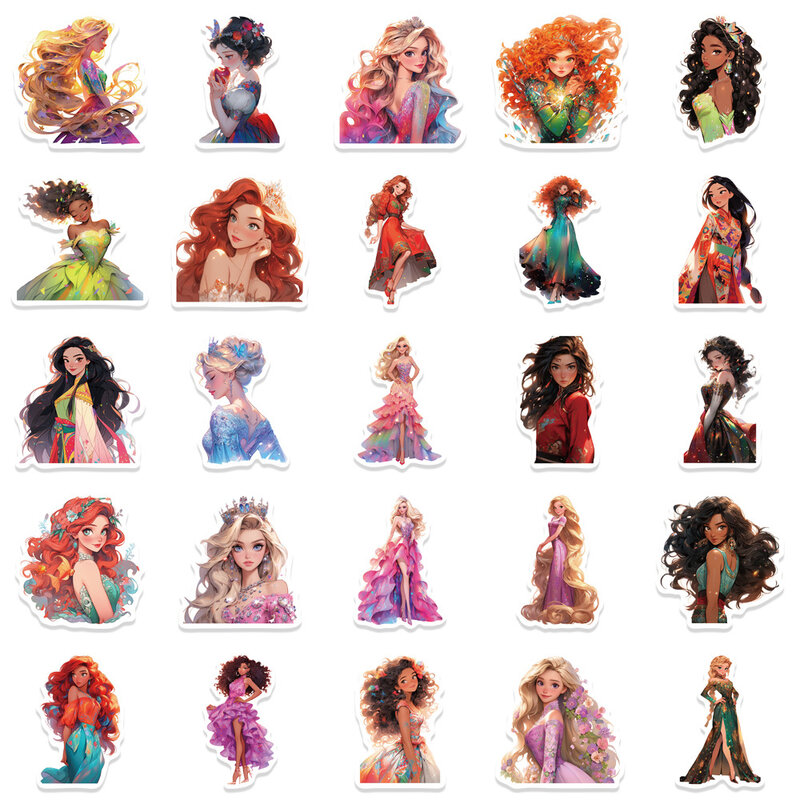 Autocollants de princesses Disney s'échappant, 10/30/50 pièces, décalcomanies mignonnes, dessin animé, jouet pour filles, téléphone, cahier, bouteille d'eau