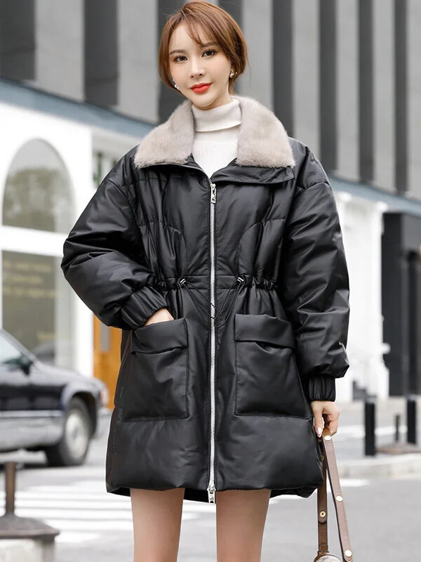 แจ็กเก็ตหนังแท้สำหรับผู้หญิง, เสื้อโค้ทหนังขนมิงค์คอปกทรงหลวมสไตล์เกาหลีสำหรับฤดูหนาว