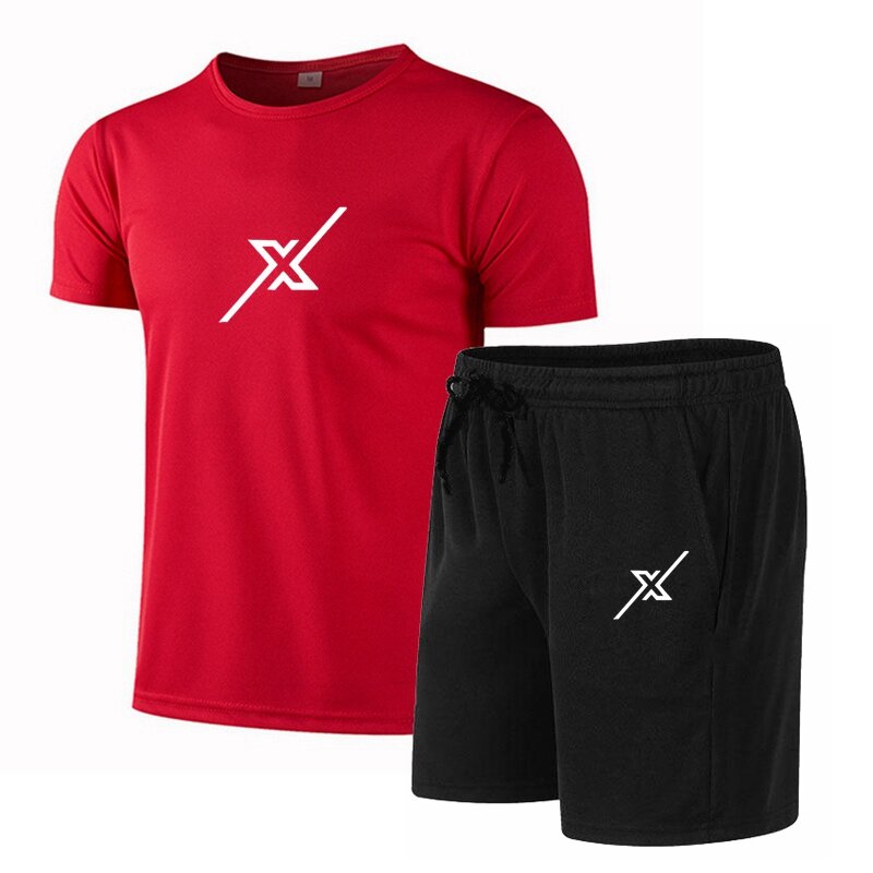 Pakaian olahraga pria, musim panas baru kaus oblong + celana pendek dua potong motif populer kasual lengan pendek
