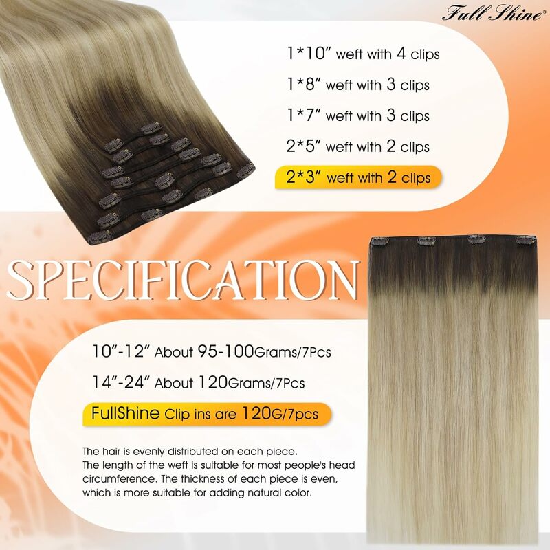 Full Shine Human Hair Extensions Clip in Hair Extensions Balayage 7pcs 120g Double Weft Hair Extensions  Remy Human Hair