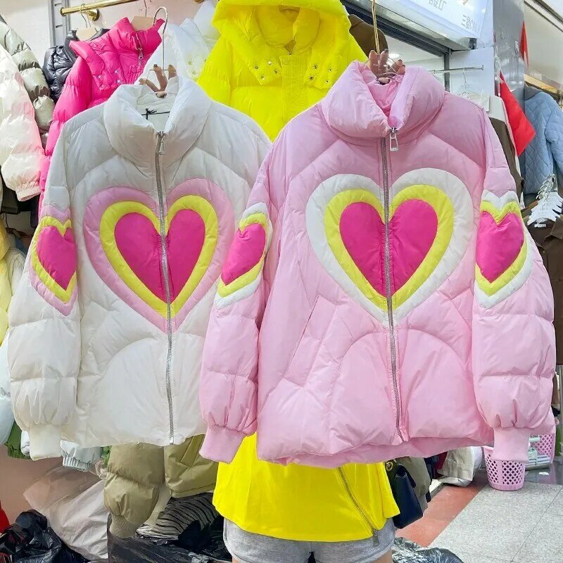 Chaqueta de plumón de pato blanco para mujer, abrigo grueso de manga larga con patrón de corazón, ropa de calle para mujer, Otoño e Invierno