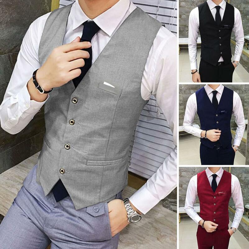 Fake Pockets Waistcoat Stylish Men's Slim Fit V-neck Suit Vest Solid Color Single-breasted Business Waistcoat for Groom Wedding