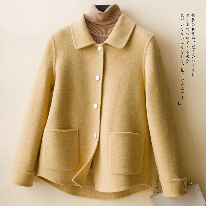 Abrigo corto de lana pura para mujer, cárdigan de punto de Color puro, cuello Polo informal Simple, mantiene el calor, otoño e invierno, nuevo