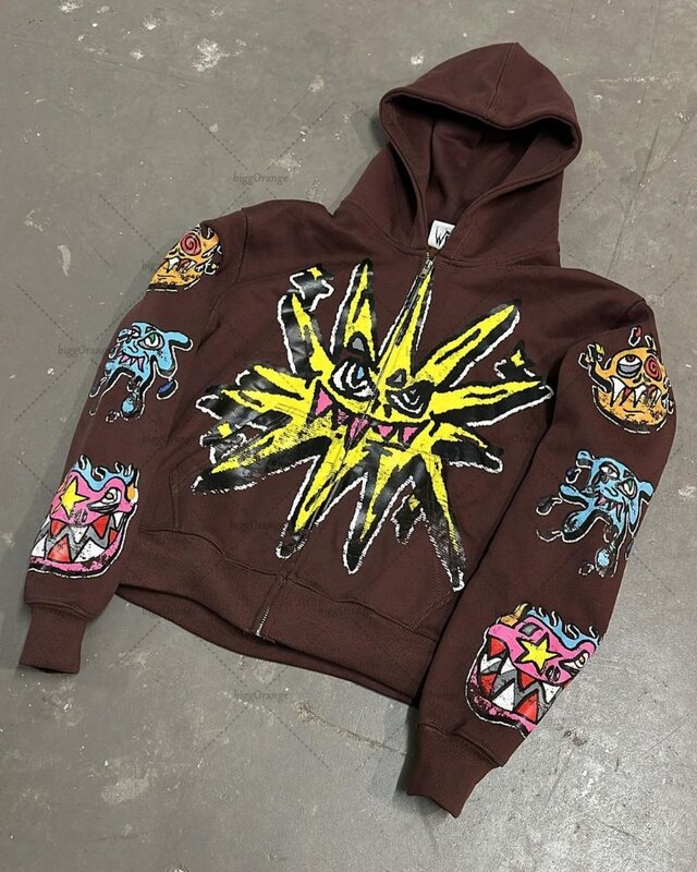 Street Fashion Brand Retro Zipper Hoodie Men  Anime Graffiti Print Oversized Sweatshirt Y2k New Fashion Versatile Jacket Women