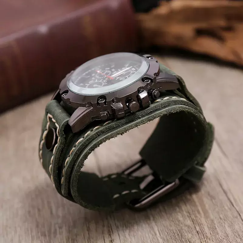 Jessingshow-reloj de cuarzo de lujo para hombre, pulsera de cuero de vaca 2023, estilo Punk, pulseras anchas de cuero genuino