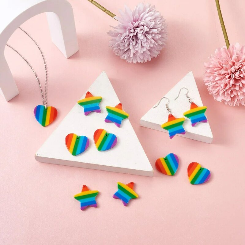 12 Pcs Rainbow Heart and Star Plastic Charms Colorful Stripe Pendants For DIY Earrings Necklaces Key Chian Jewelry Making Gifts