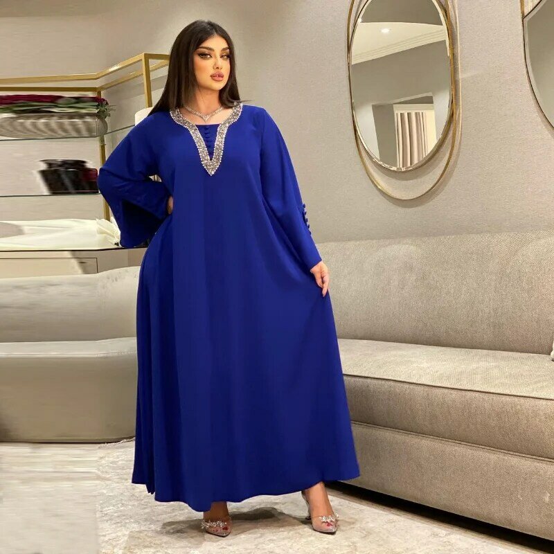 2023 Islam Abaya Dress Summer Hot Drill Abaya abito moda allentato blu da donna, adatto per donne europee e americane