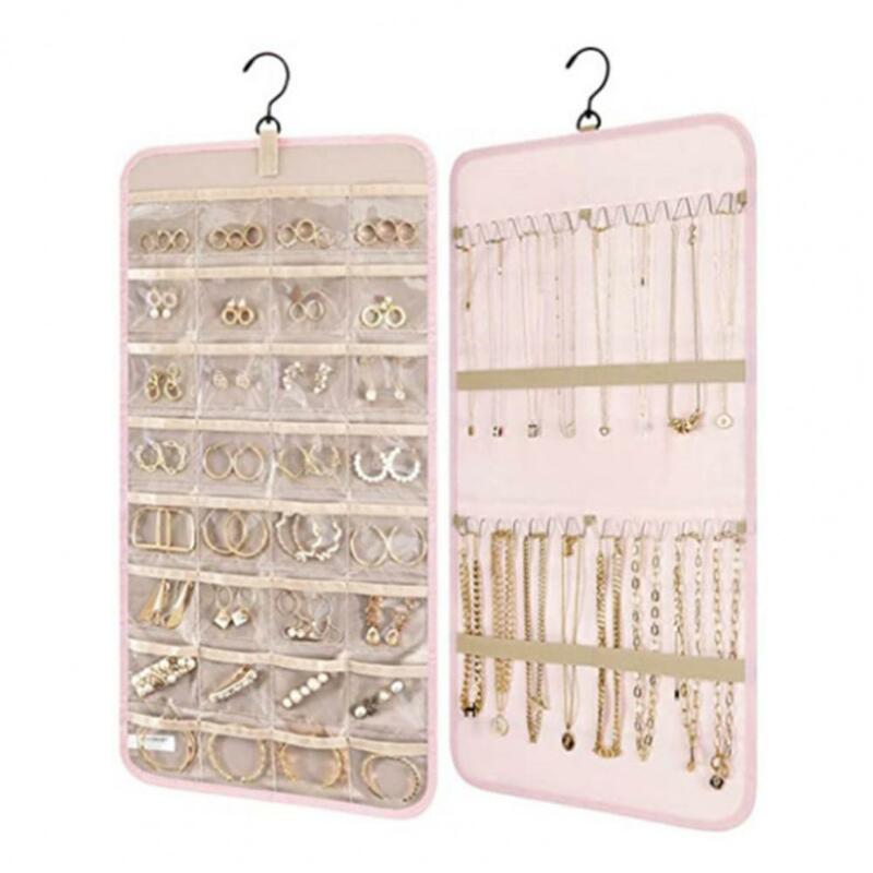 Jewelry Hanging Bag 32 Perspective Grids Strong Load Bearing Wave-shaped Hook Elastic Strap Easy-to-Hang Jewelry Bag