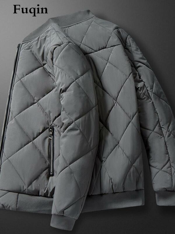 Men's Cotton Padded Diamond Check Fashion Fall Winter Baseball Collar Jacket Warm Street Zipper Coat Plush Solid Male Clothing