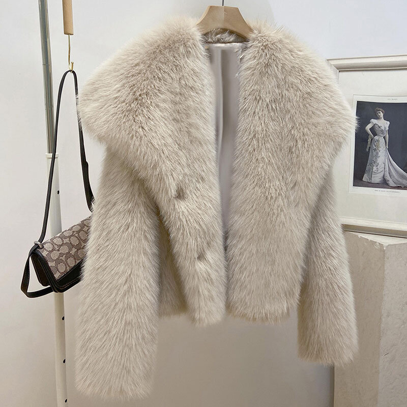 New Women Fluffy Jacket Winter Short Faux-Fox Fur Coats Korea Lapel Casual Fur Fur Jackets Female Thick Warm Plush Outwear Black